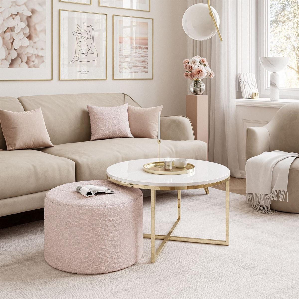 COUCHTISCH CIRI-X mit Hocker Gold Chrom|Weiß Hochglanz|Ascot pink - Weiß Hochglanz/Goldfarben, Holzwerkstoff/Textil (70/70/46cm) - Lookway