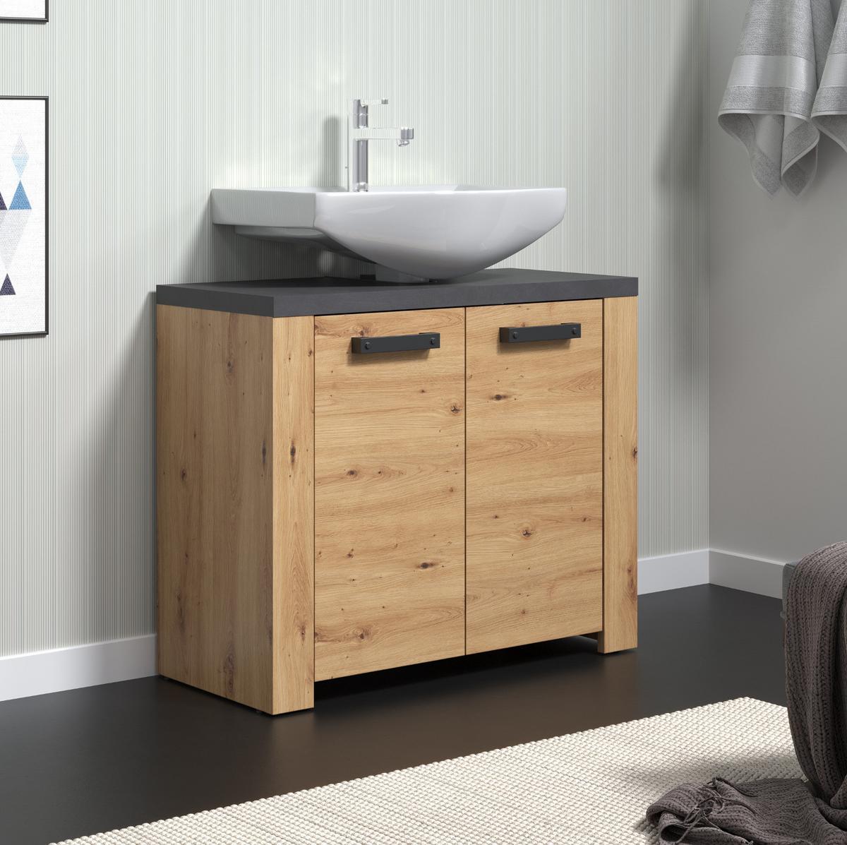 WASCHBECKENUNTERSCHRANK Eiche Artisan, grau 79 x 67 cm, Badezimmer Unterschrank 2-türig - Eichefarben/Schwarz, Holzwerkstoff/Kunststoff (35/67/79cm) - Top.Furn