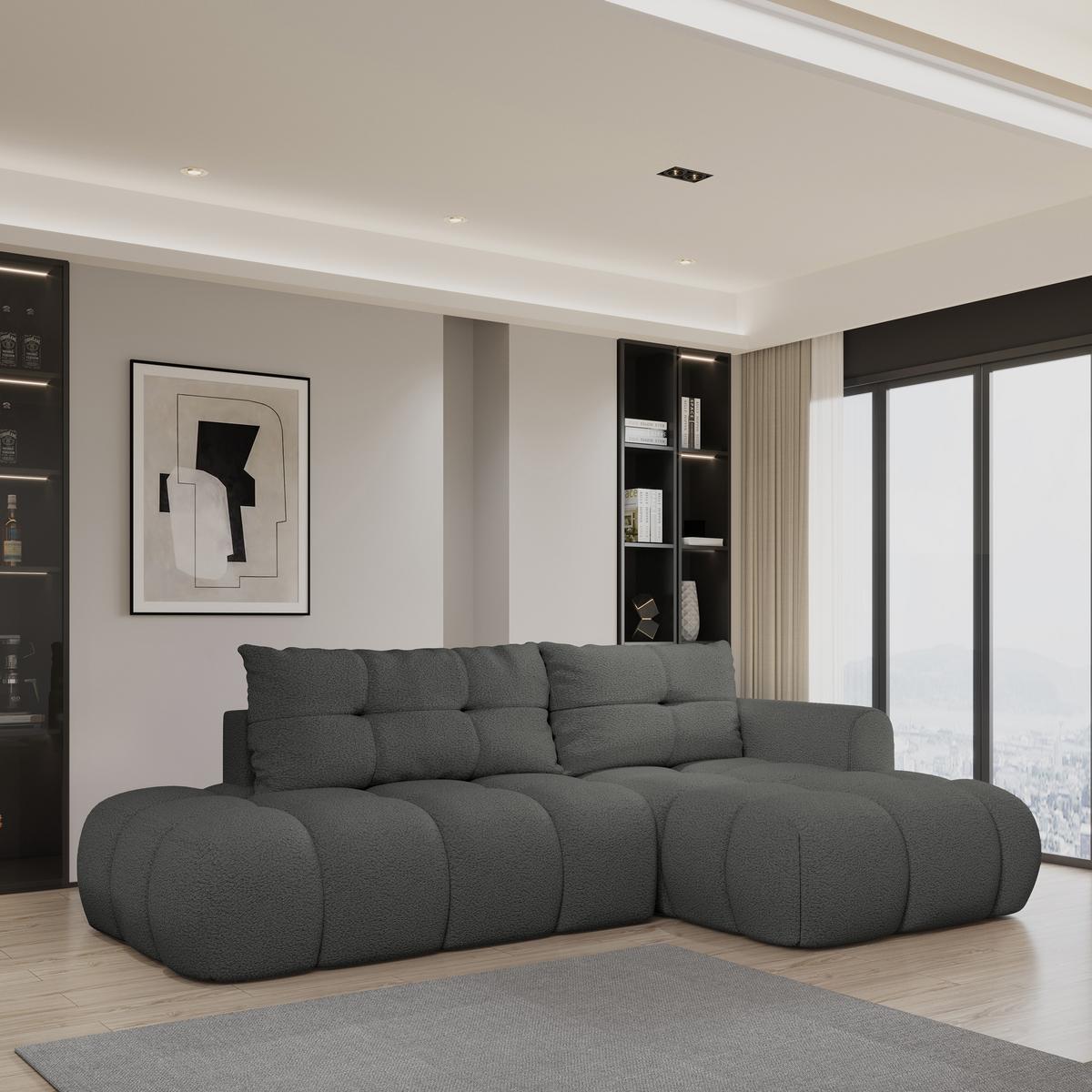 ECKSOFA FLUMA R-S Grau Boucle-Stoff mit Schlaffunktion - Grau, Holz (279/158cm) - MASSENO