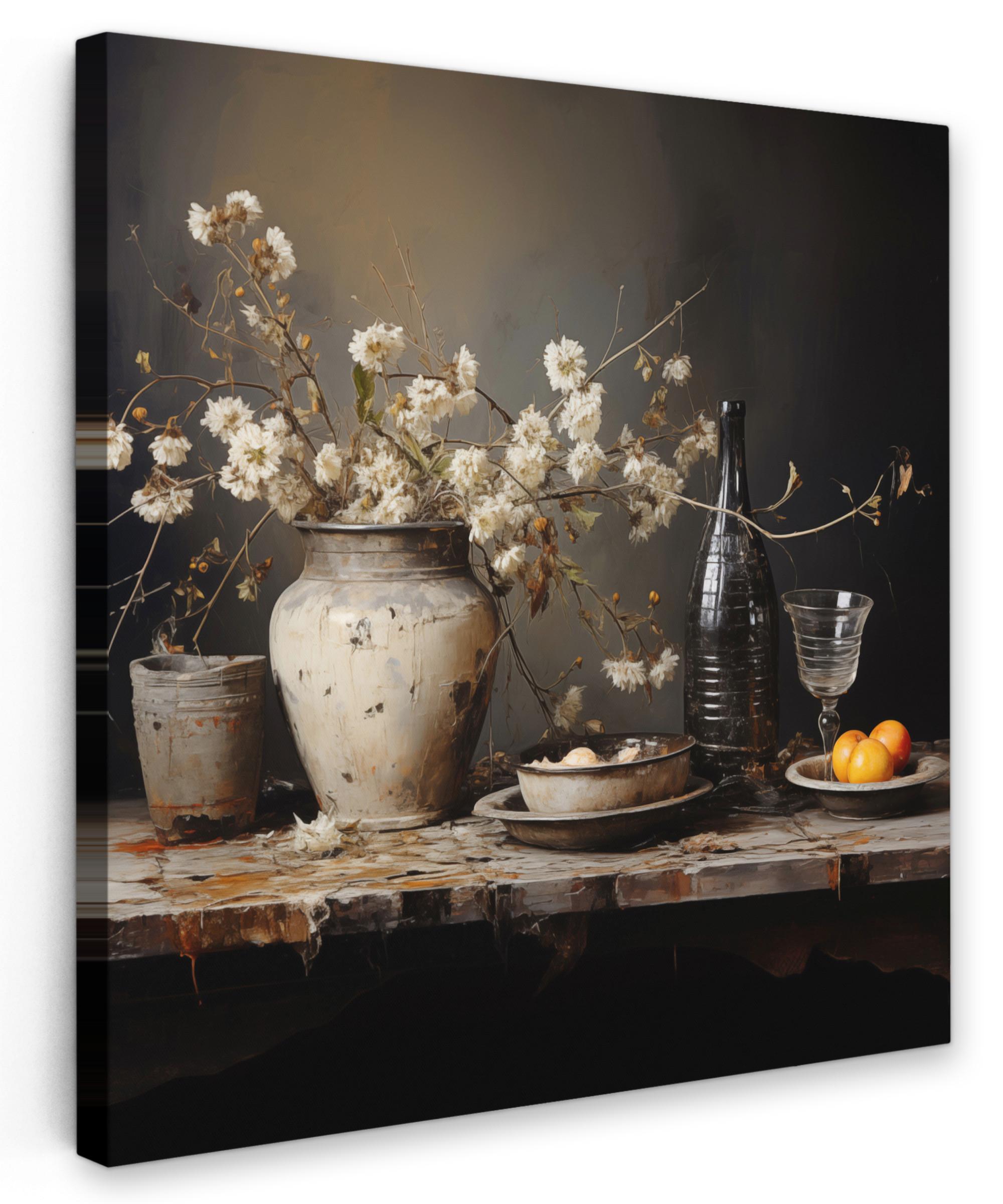 LEINWANDBILD Stilleben - Blumen - Blumenstrauß - Vase - Wein Deko Wohnzimmer 20x20 cm - Schwarz, Textil (20/20cm) - MuchoWow