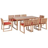 GARTENMÖBEL-SET 8-Sitzer Rot zertifiziertes Akazienholz Sassari Premium - Hellbraun, Holz - Beliani