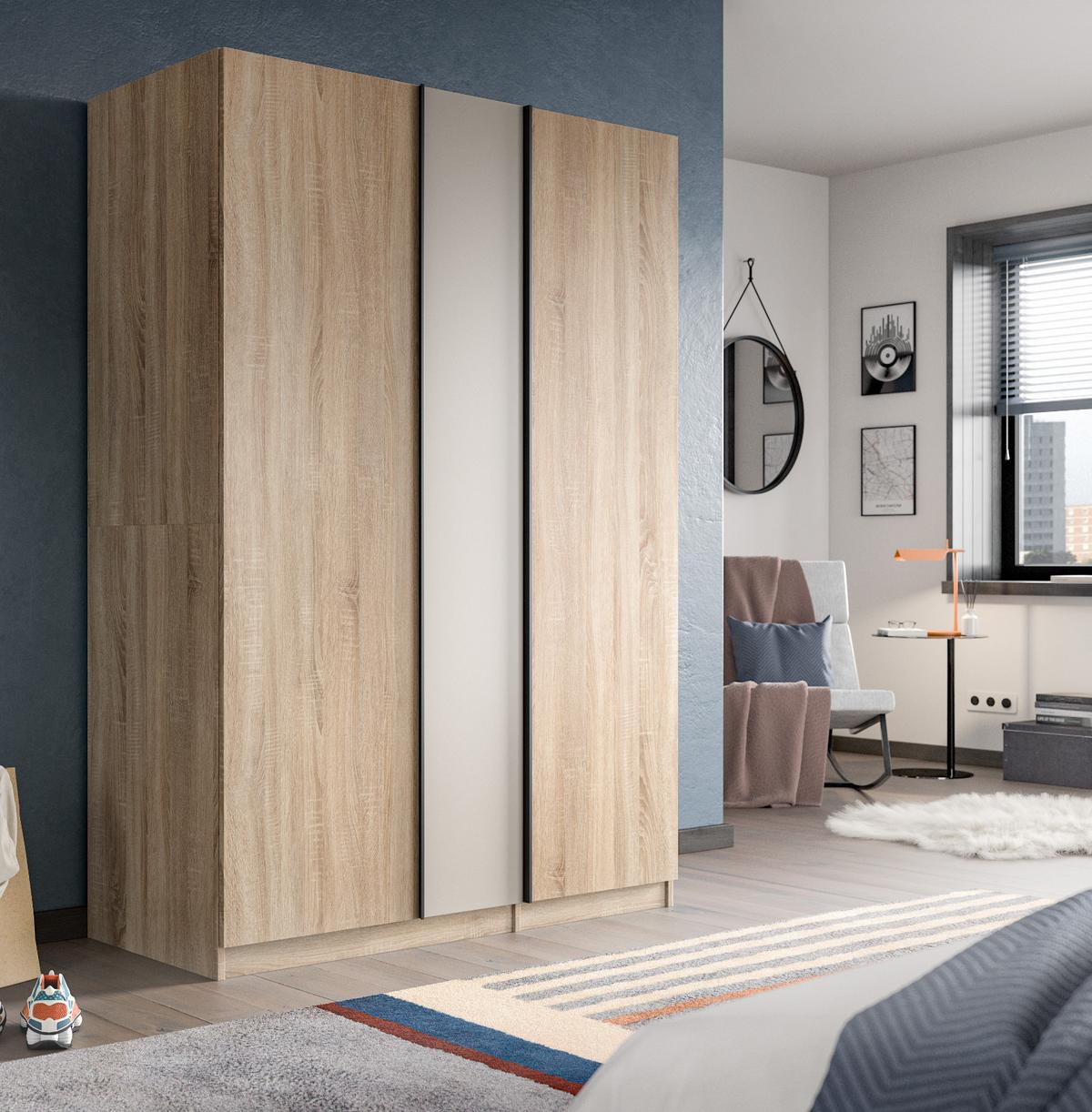 KLEIDERSCHRANK Eiche Sonoma, Kaschmir 3-türig 130 x 183 cm, Drehtürenschrank inklusive Einlegeböden - Kaschmir/Eichefarben, Holzwerkstoff/Kunststoff (130/183/53cm) - Inn.Furn