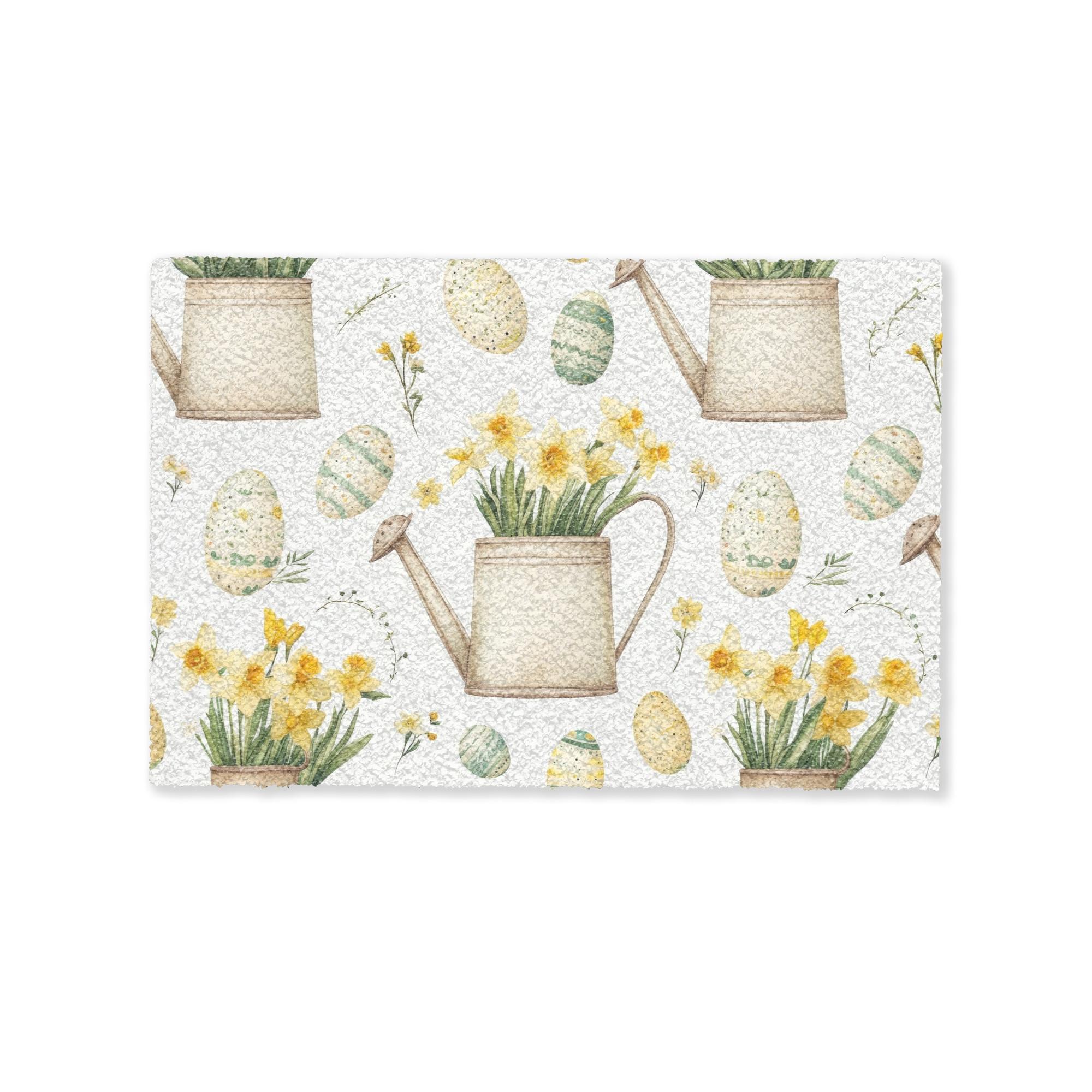 FUSSMATTE Gießkanne - Blumen - Eier Teppichmatte 90x60 cm - Gelb/Weiß, Kunststoff (60/90cm) - MuchoWow