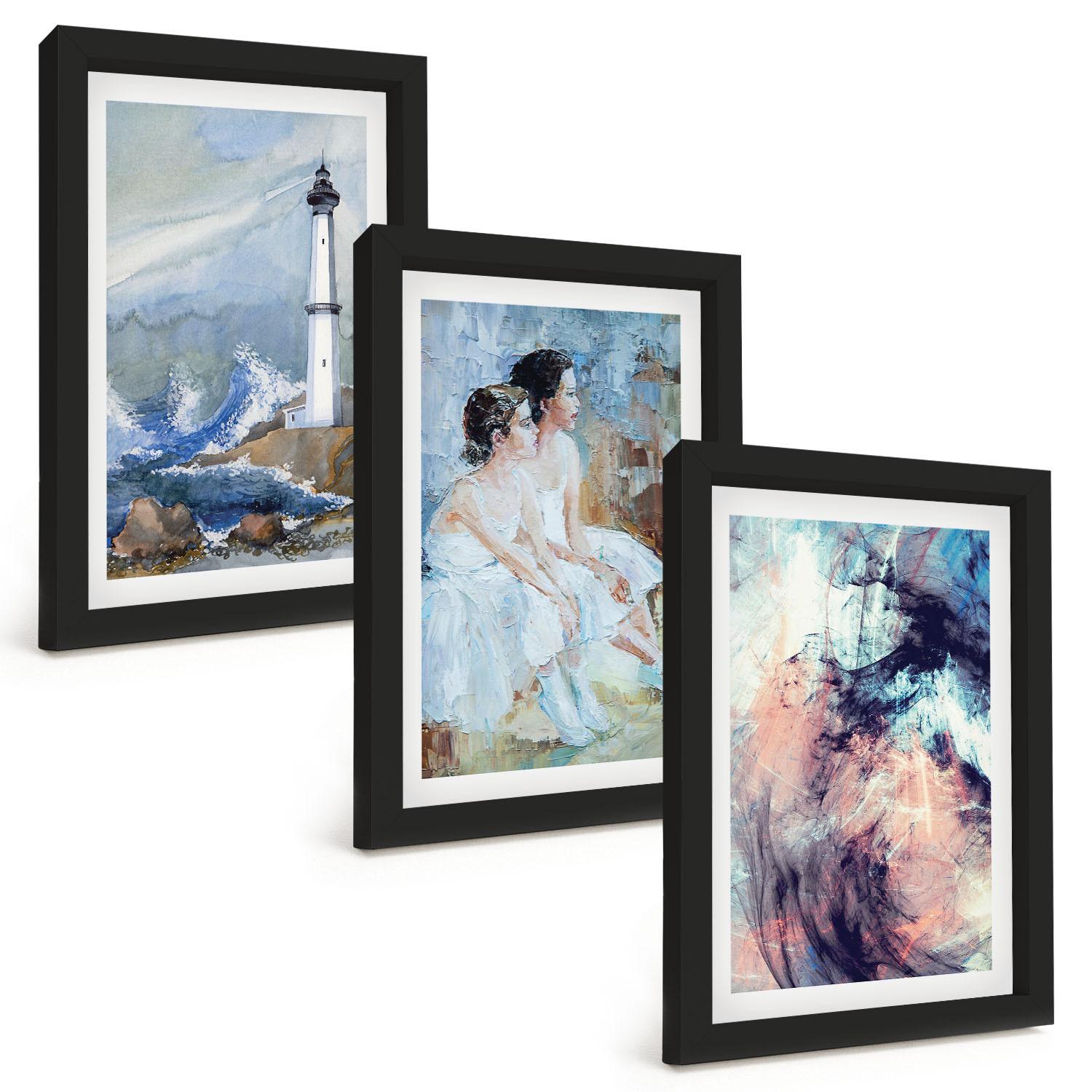 BILDER SET 3er Set - 20x30 cm Schwarzer Rahmen - Leuchtturm-Abstrakte Tänzerin - Schwarz, Kunststoff (20/30cm) - TULUP