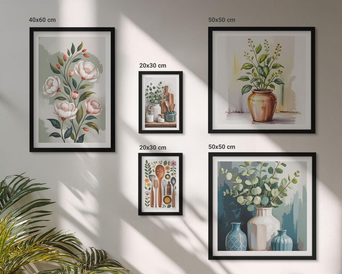 BILDER SET 5er Set - 50x50 cm & 20x30 cm & 40x60 cm Schwarzer Rahmen - Blumen und Früchte in Vasen - Schwarz, Kunststoff (40/60cm) - TULUP