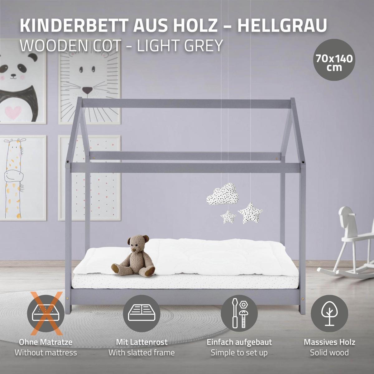 KINDERBETT mit Dach 70x140 cm Hellgrau - Hellgrau, Holz (70/140cm) - ML-DESIGN