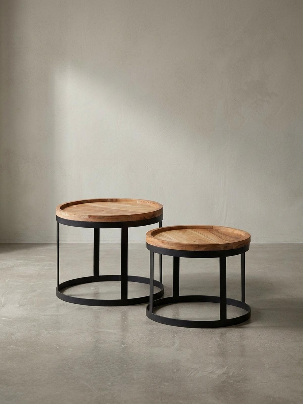 BEISTELLTISCH 2er Set Massivholz Metallgestell Rund Natur INDI, Beige 53x53x45 cm - Beige/Schwarz, Holz/Metall (53/53/45cm) - KADIMA DESIGN