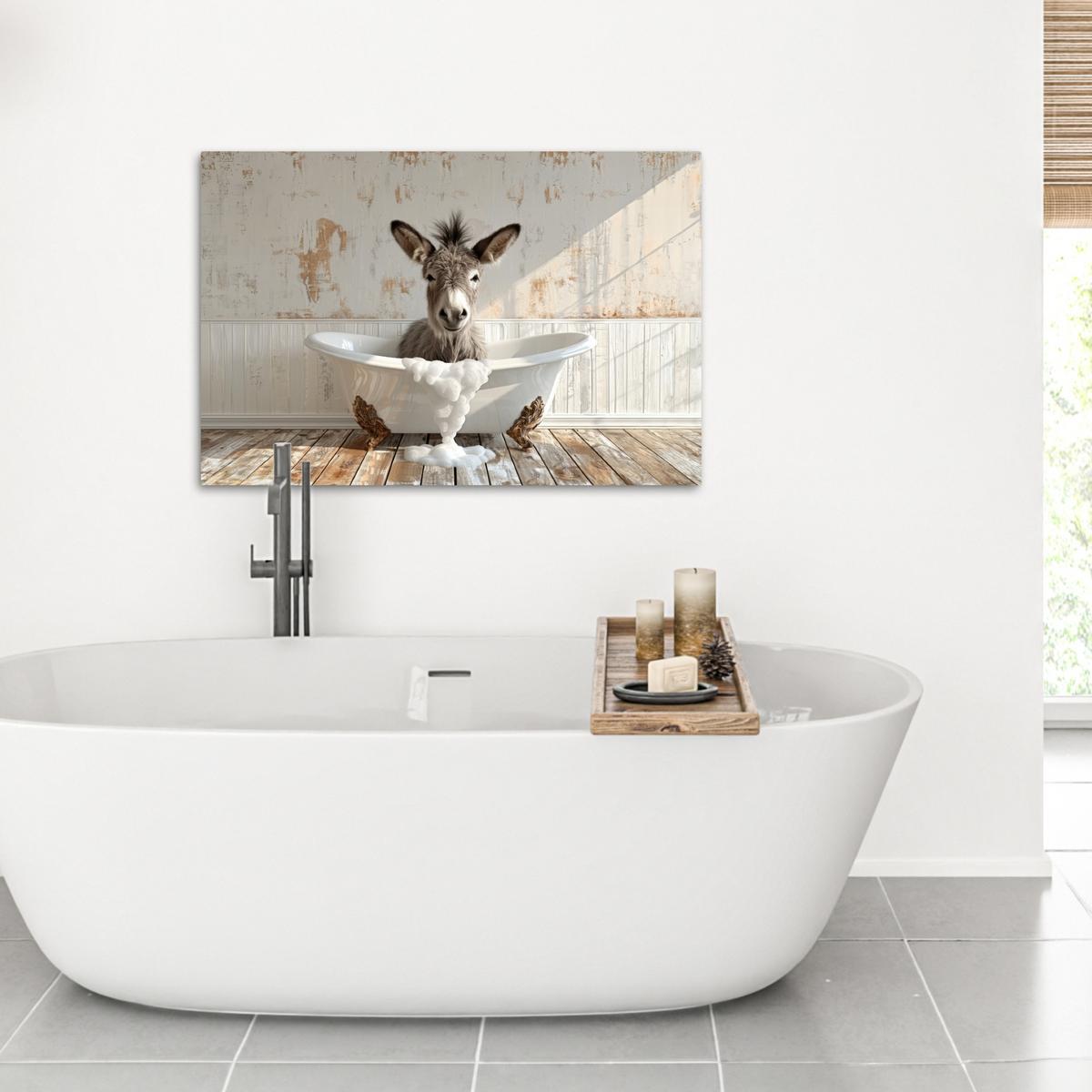 LEINWANDBILD Esel - Tiere - Badewanne - Schaumstoff Wanddeko 90x60 cm - Weiß, Textil (90/60cm) - MuchoWow