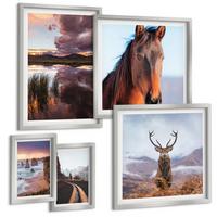 BILDER SET 5er Set - 50x50 cm & 20x30 cm & 40x60 cm Silberner Rahmen - Berglandschaften, Rentiere, Pferdestraße - Silberfarben, Kunststoff (40/60cm) - TULUP