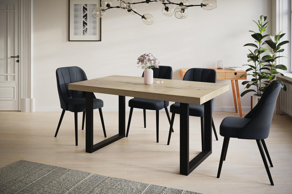 INDUSTRIELLER Esszimmertisch LOFT-U, ausziehbarer Tisch, Größe: 180-280X90X77 cm, Wohnzimmertisch Farbe: HALIFAX, mit Metallbeinen in Farbe Schwarz - Schwarz/Naturfarben, Holzwerkstoff (180/90/77cm) - Alpi-Möbel