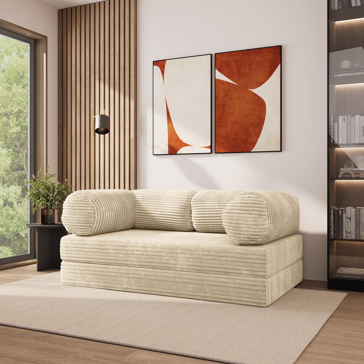 BETTSOFA ALVIO aus Schaumstoff Kordstoff Creme Schlaffunktion - Creme, Textil (170/68/80cm) - MASSENO