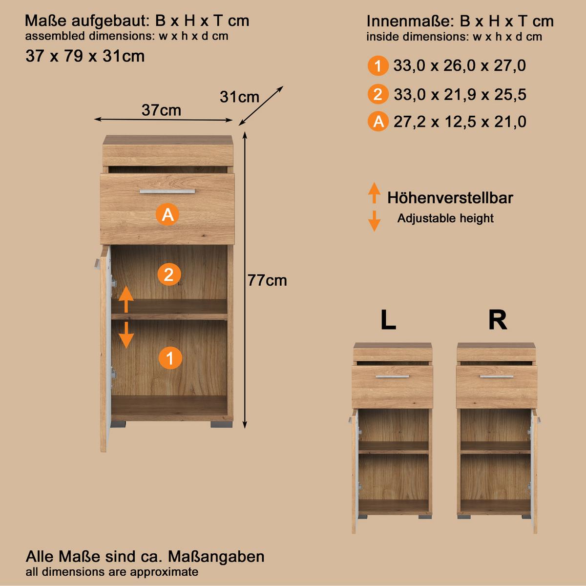 BADSCHRANK Asteiche 37 x 79 cm, Badezimmer Unterschrank in modernem Stil - Eichefarben, Holzwerkstoff/Kunststoff (37/79/31cm) - Top.Furn