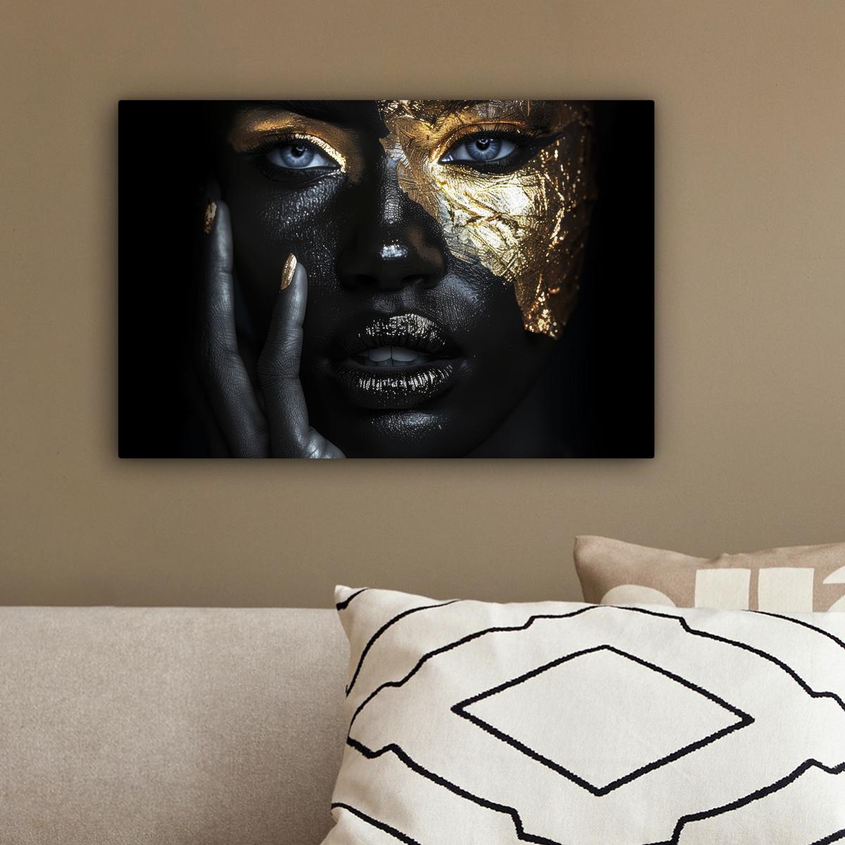 LEINWANDBILD Frau - Gold - Porträt - Schwarz-Weiß - Luxus Deko Schlafzimmer 30x20 cm - Hellblau, Textil (30/20cm) - MuchoWow