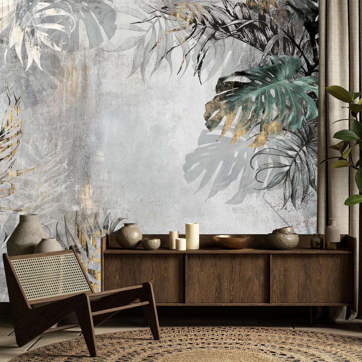 FOTOTAPETE Tropische Blätter auf Beton Vintage 400x280 - Gelb/Beige, Papier (400/280cm) - Muralo