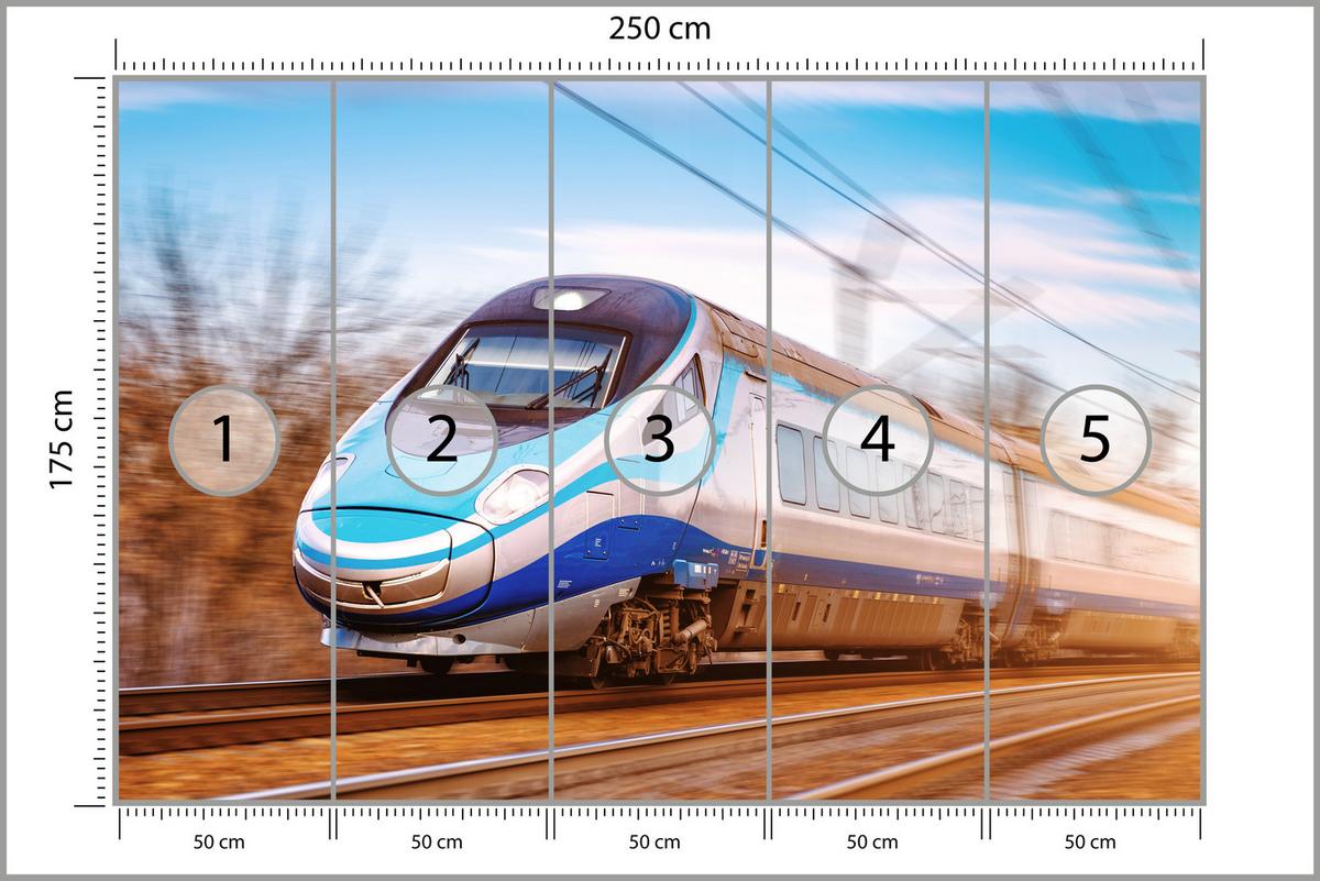 FOTOTAPETE für Wohnzimmer Moderner Zug Eisenbahnschienen 250x175 - Blau/Schwarz, Papier (250/175cm) - Muralo