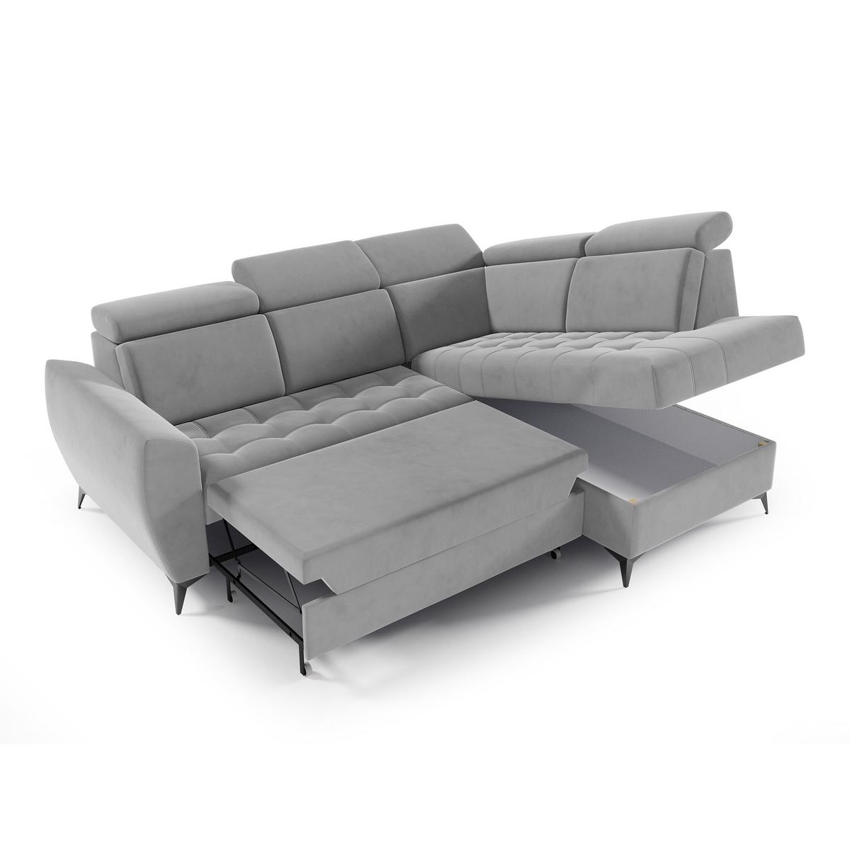 ECKSCHLAFSOFA Aurora II mit verstellbare Kopfstützen, Hellgrau, rechts - Hellgrau/Schwarz, Textil (266/204cm) - Beautysofa