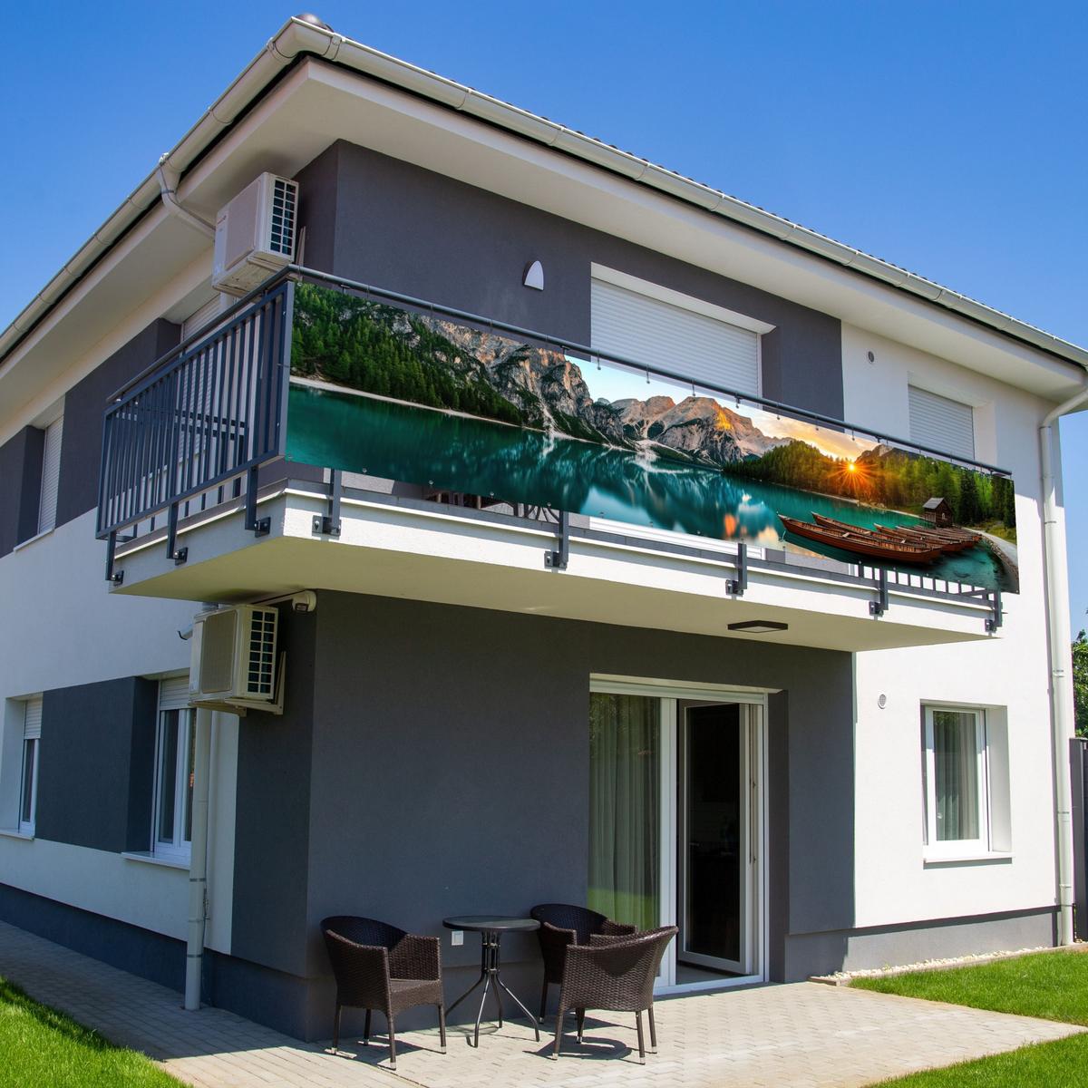 BALKON-SICHTSCHUTZ See - Berge - Sonnenuntergang - Boot Groß 500x95 cm - Petrol, Kunststoff (500/95cm) - MuchoWow