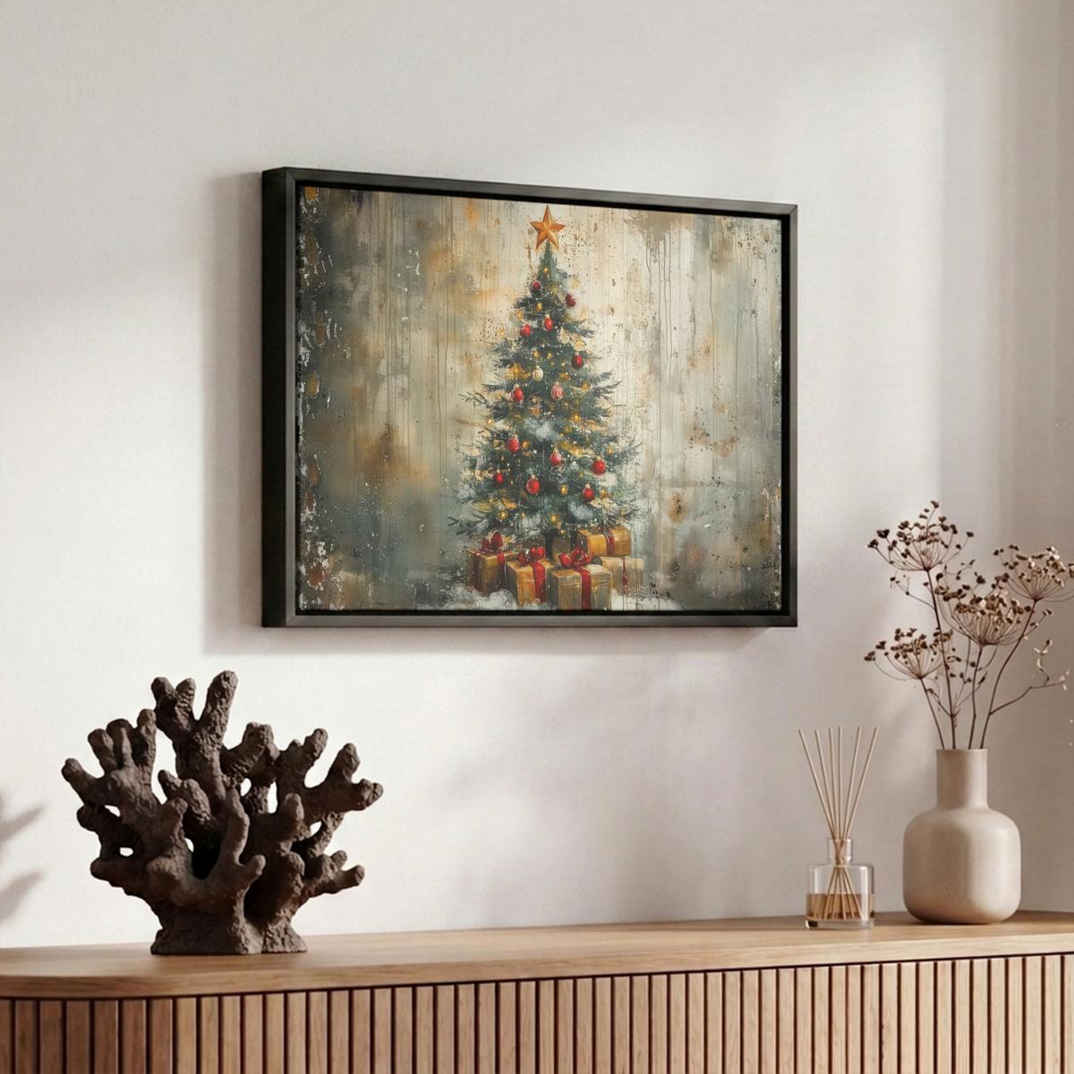 LEINWAND Bilder mit Rahmen - Weihnachtsbaum - Vintage - Weihnachten - Geschenk - 30x20 - Rostfarben, Textil (30/20cm) - MuchoWow