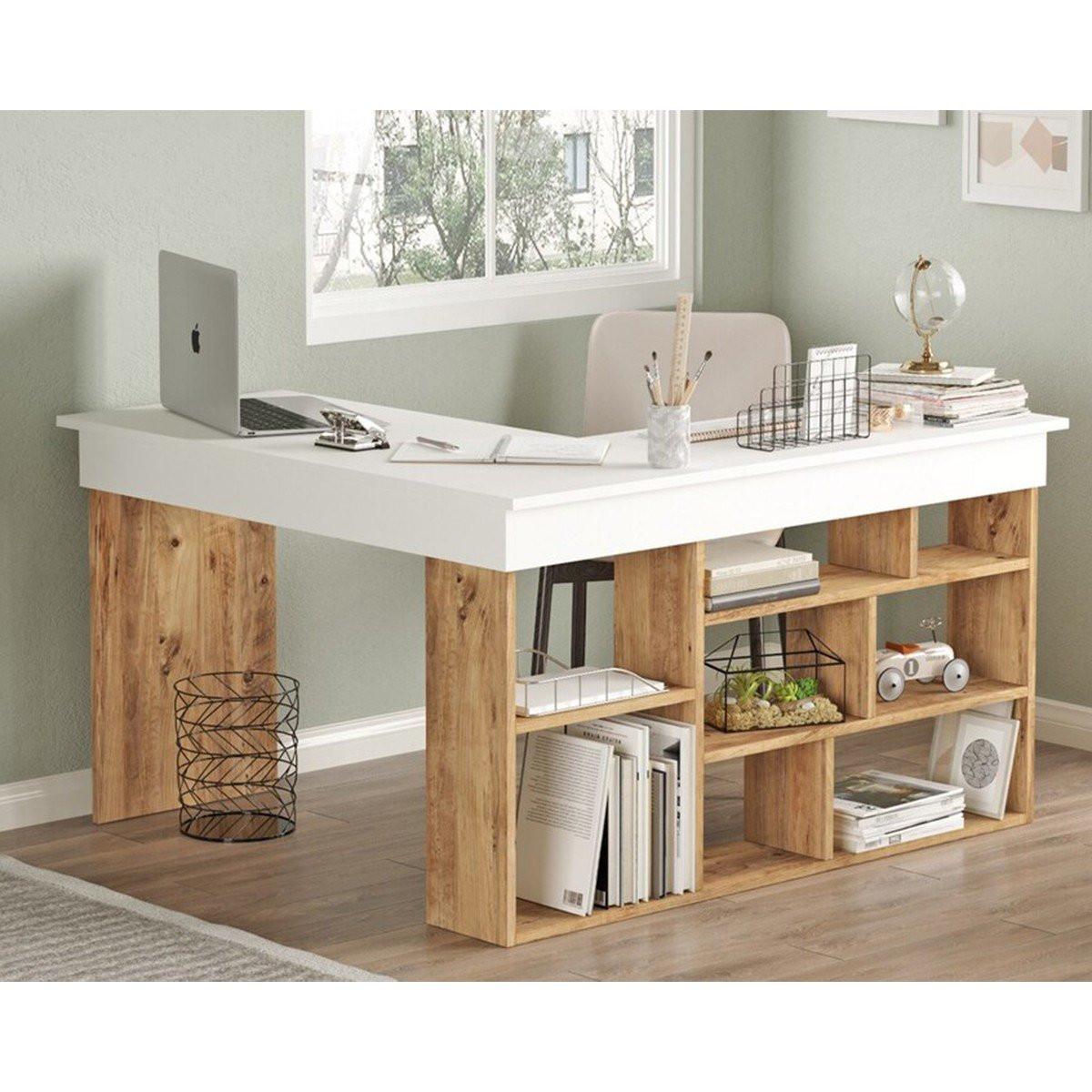 SCHREIBTISCH mit Aufbewahrungsregalen Holzdekor Kiefer 129/120/72 cm - Apfelbaumfarben, Holz/Holzwerkstoff (129/120/72cm) - Calicosy