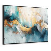 LEINWAND Bilder mit Rahmen - Abstrakt - Kunst - Gold - Blau - 80x60 - Petrol, Textil (80/60cm) - MuchoWow