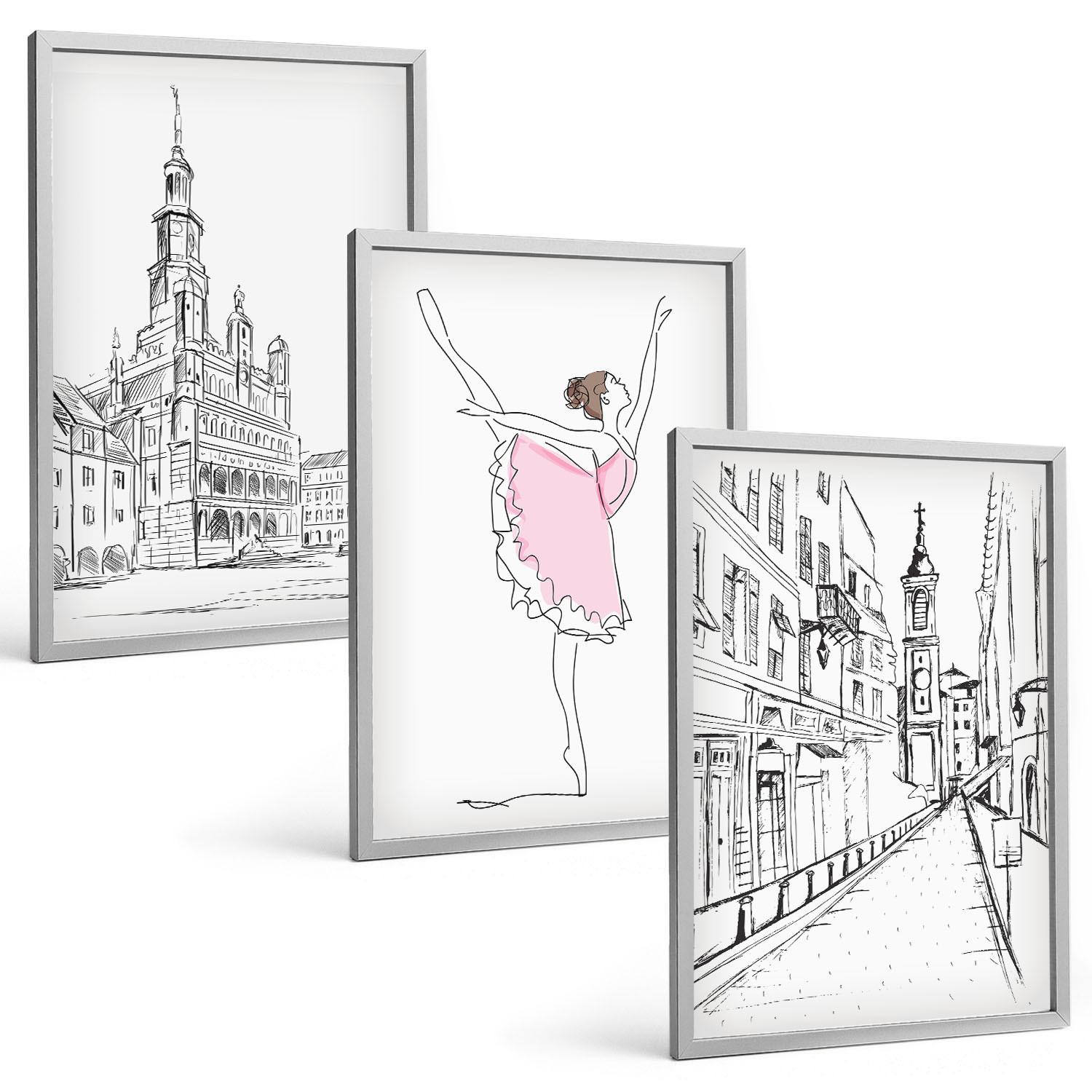BILDER SET 3er Set - 40x60 cm Silberner Rahmen - Stilvolle Ballerinen und Architektur - Silberfarben, Kunststoff (40/60cm) - TULUP