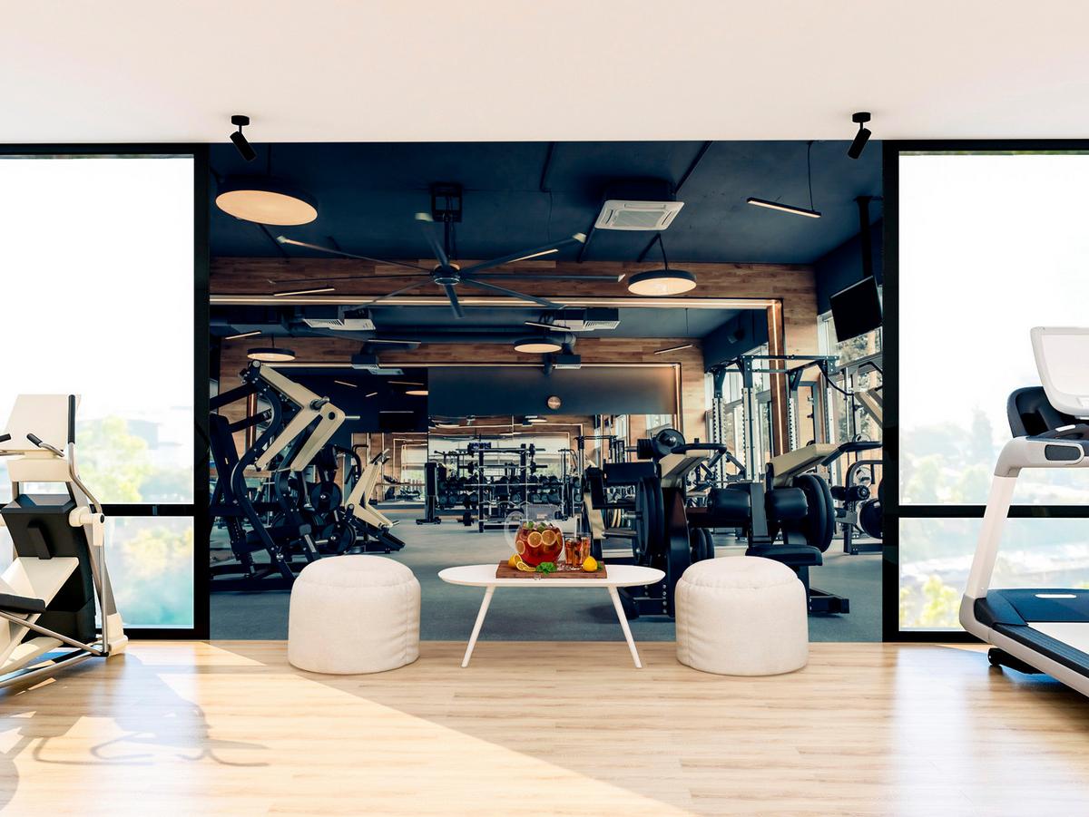 FOTOTAPETE Modernes Fitnessstudio Trainingsgeräte Sport 200x140 - Schwarz/Braun, Papier (200/140cm) - Muralo