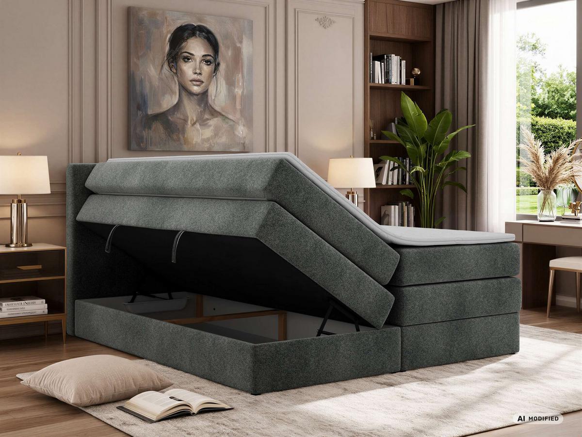 BOXSPRINGBETT SOLVEN KING 200/200 - Dunkelgrau Stukture - Topper Visco - H3 - Dunkelgrau/Schwarz, Kunststoff/Textil (200/200cm) - MKS