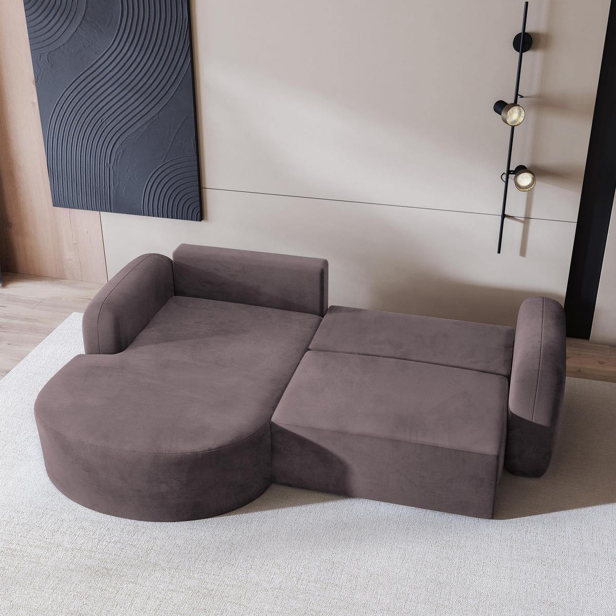 ECKSOFA AMILIA M L-S Lila Velours-Stoff mit Schlaffunktion - Lila, Holz (263/174cm) - MASSENO