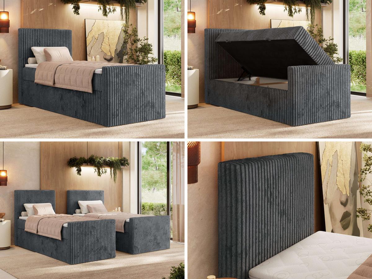 BOXBETT TILIANO DUO 90/200 - Grau Cord - H3 - Topper Visco - Links Seite - Grau, Textil (200/90cm) - MKS