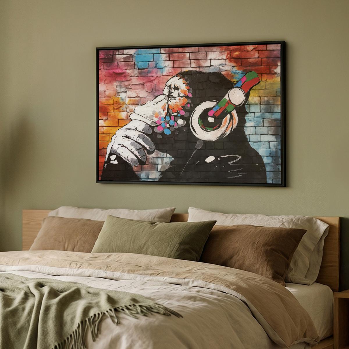 LEINWAND Bilder mit Rahmen - Affe - Graffiti - Musik - 100x70 - Multicolor, Textil (100/70cm) - MuchoWow