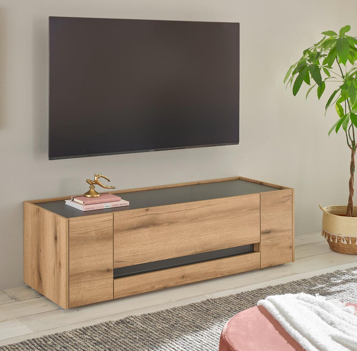TV-LOWBOARD Eiche Evoke, grau 140 cm, TV-Unterteil mit Doppelschubkasten - Eichefarben/Schwarz, Holzwerkstoff/Kunststoff (140/40/45cm) - Furn.Design