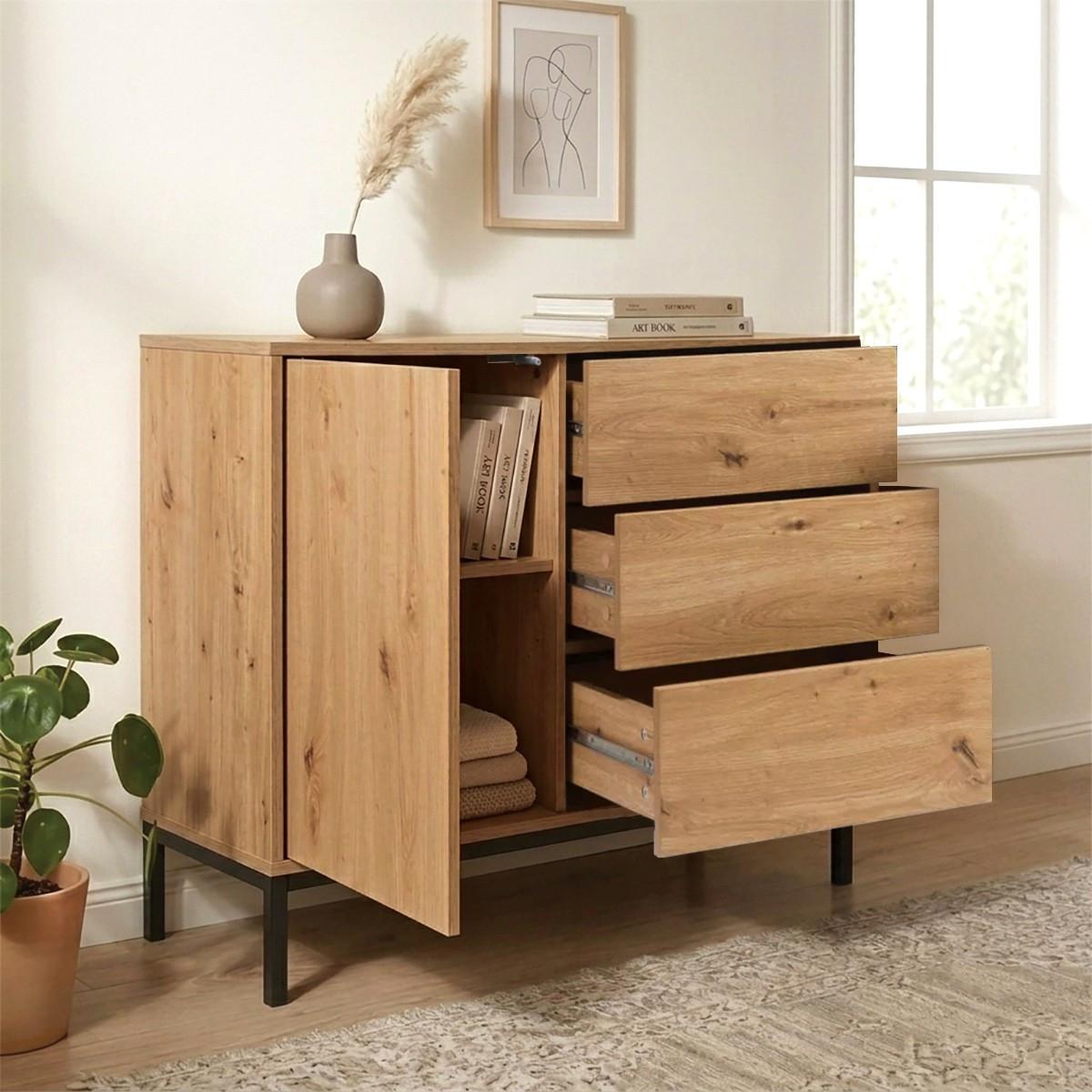 KOMMODE 1 Tür 3 Schubladen Eiche-Dekor FSC-zertifiziert 40/80/90 cm - Eichefarben, Holzwerkstoff (40/80/90cm) - Calicosy