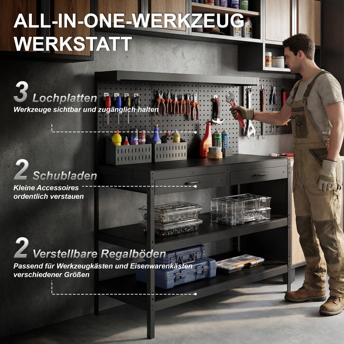 WERKBANK Stahl MDF Schwarz - Schwarz, Metall (61/156/122cm) - HOMCOM