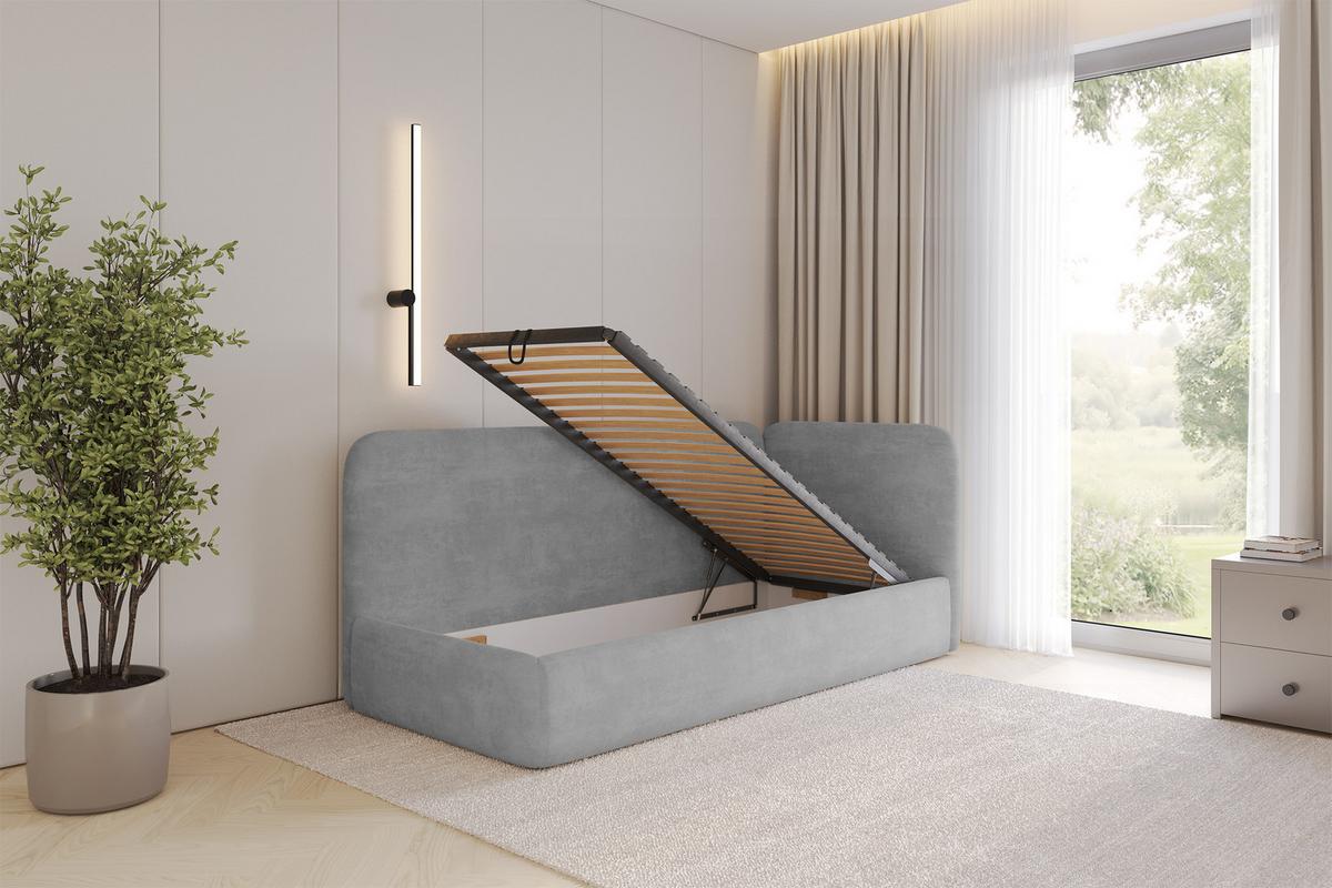 EINZELLBETT Jugendbett mit Bettkasten und Matratze H3/H4, Links - ELSY 80x200 Grau - Hellgrau, Holzwerkstoff/Textil (80/200cm) - ALTDECOR