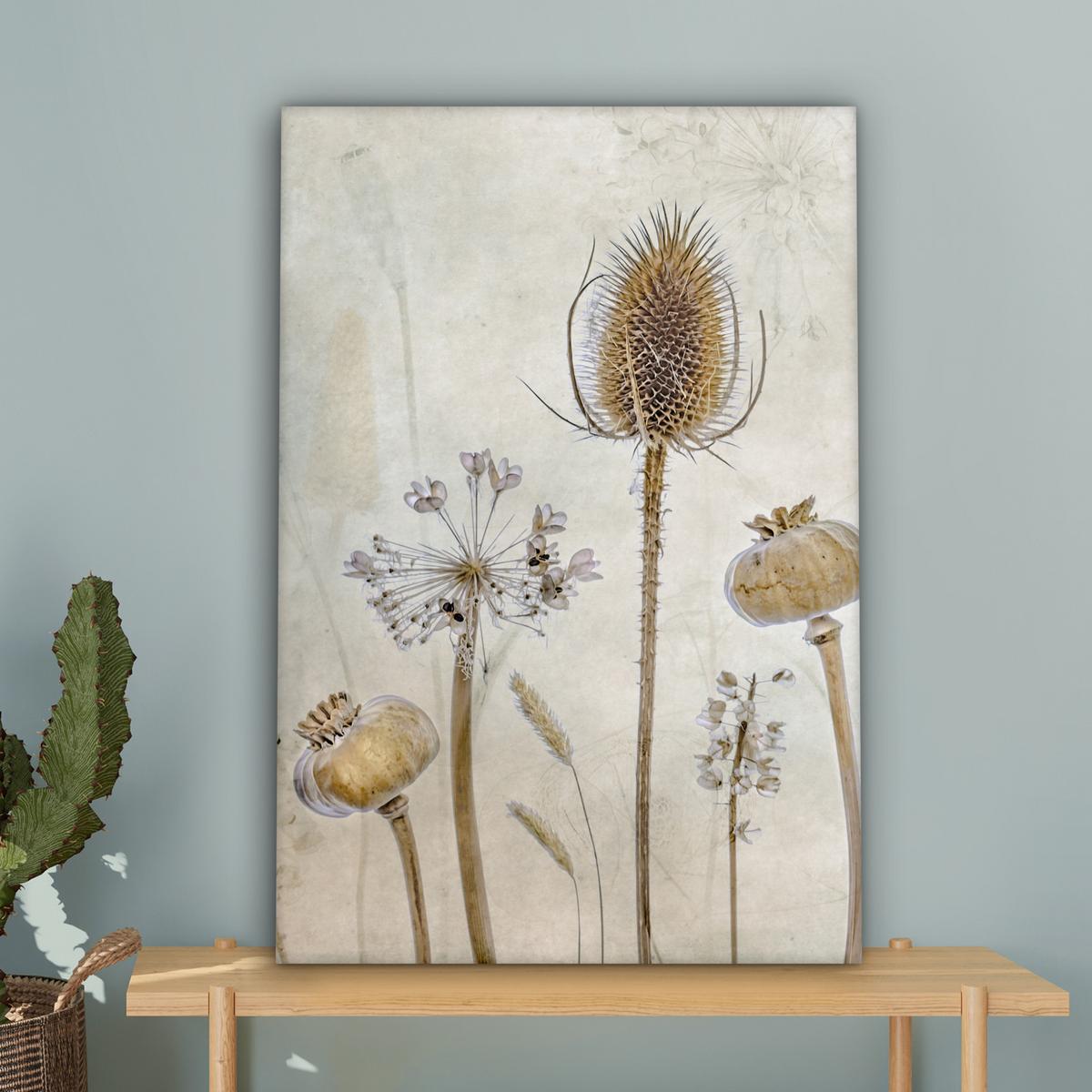 LEINWANDBILD Blumen - Aquarell - Stilleben - Braun - Vintage Wanddeko Schlafzimmer 60x90 cm - Beige, Textil (60/90cm) - MuchoWow