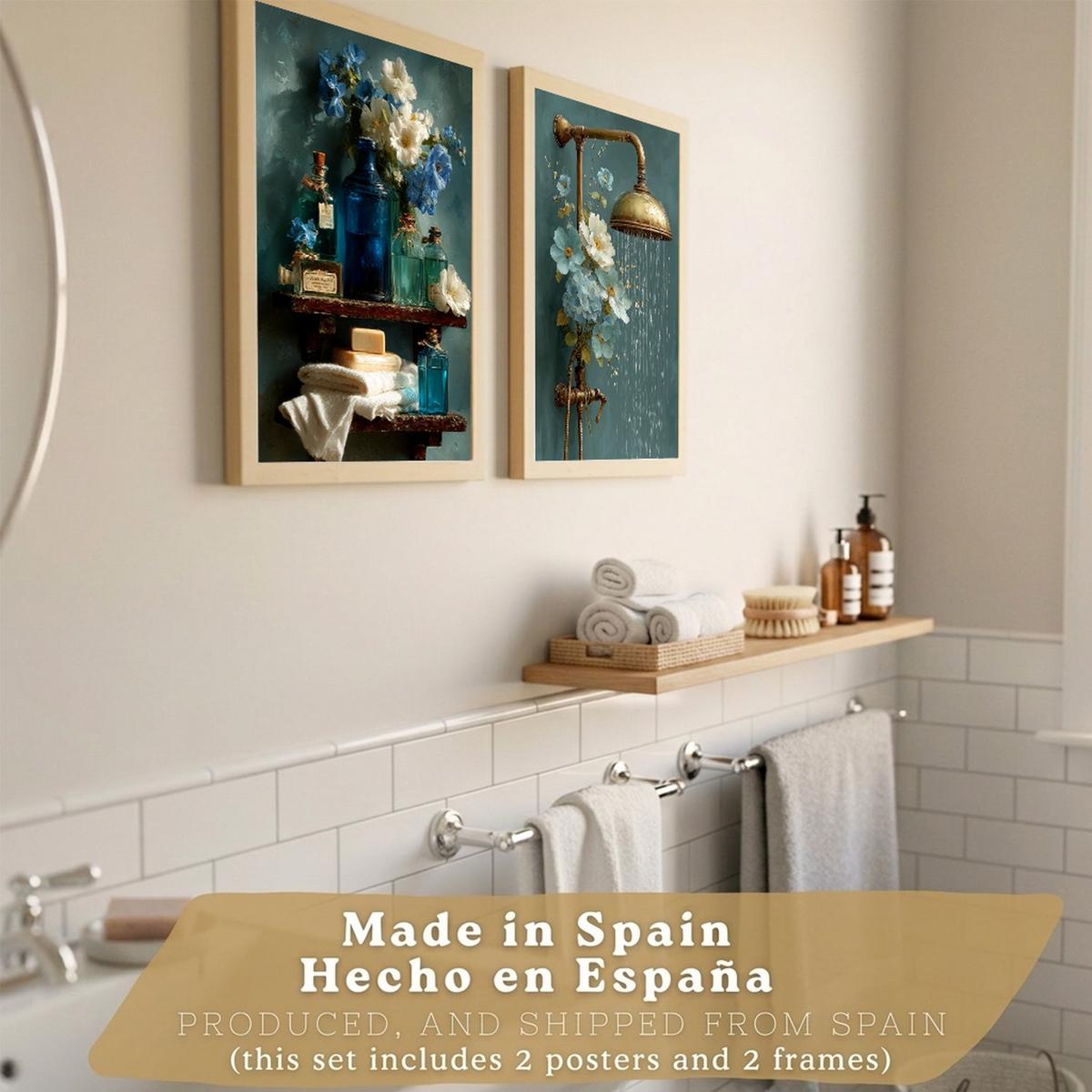 POSTER 2er-Set dekorative Badezimmer-Wandbilder, ästhetische Dusche und WC, Badezimmerdekoration mit Blumen Flaschen und Dusche Leichter Holzrahmen A3 - Beige, Papier (42/29.7/3cm) - Nacnic