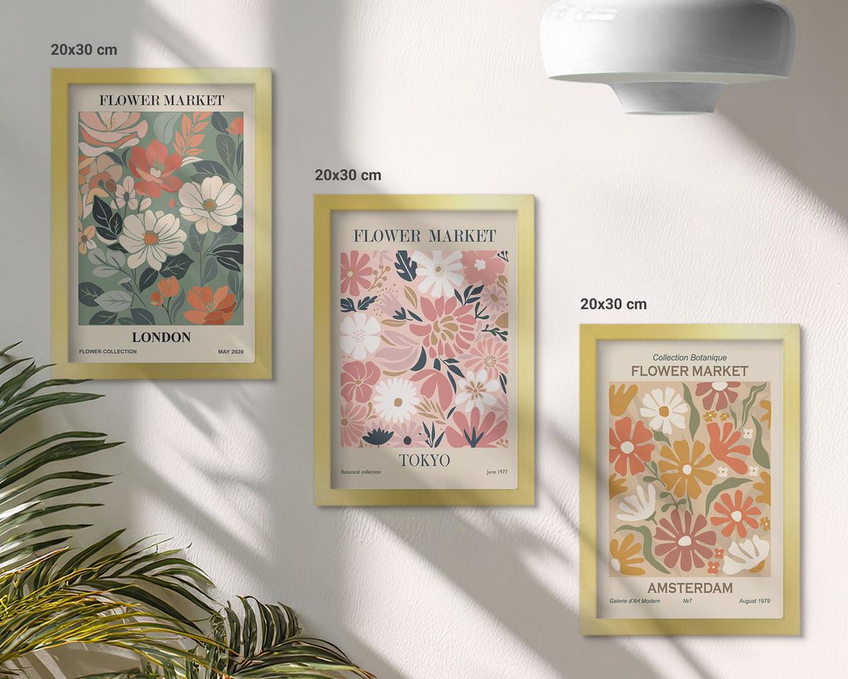 BILDER SET 3er Set - 20x30 cm Goldrahmen - Blumenmuster London Tokio Amsterdam - Goldfarben, Kunststoff (20/30cm) - TULUP