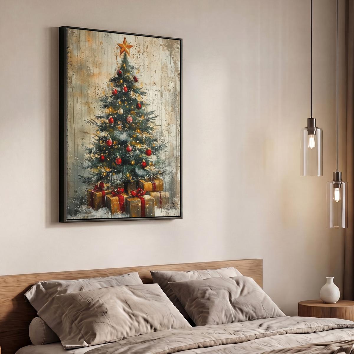 LEINWAND Bilder mit Rahmen - Weihnachtsbaum - Vintage - Weihnachten - Geschenk - 70x100 - Rostfarben, Textil (70/100cm) - MuchoWow