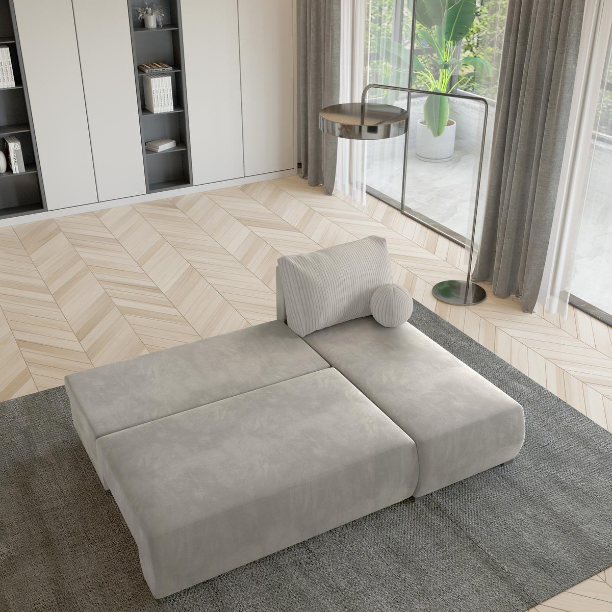 ECKSOFA PARVELO Creme Plüsch-Stoff mit Schlaffunktion - Creme, Holz (200/143cm) - MASSENO