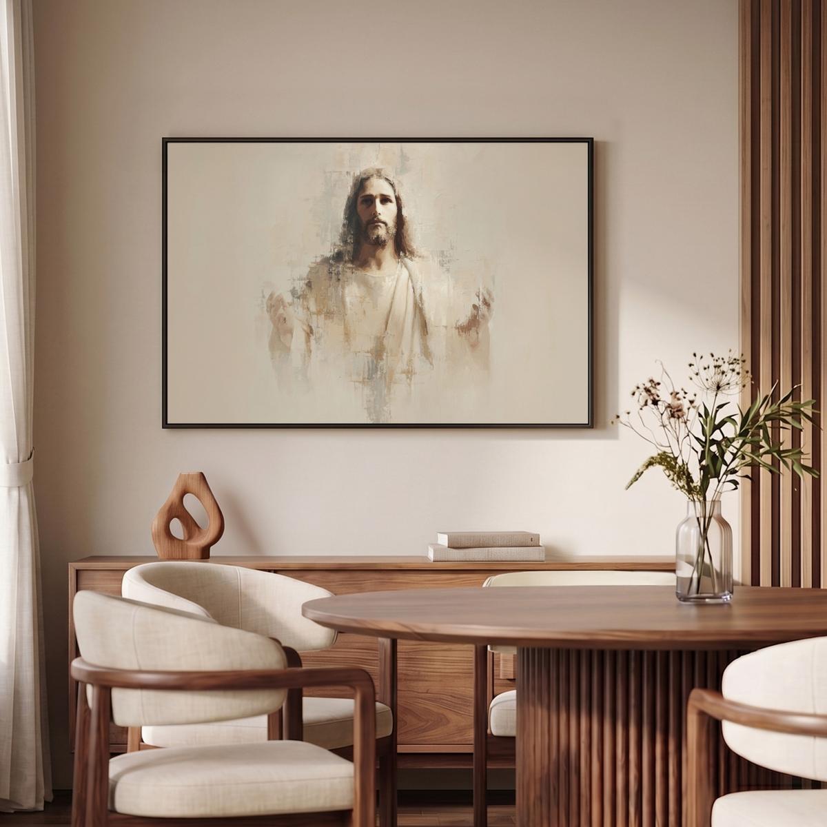 LEINWAND Bilder mit Rahmen - Porträt - Abstrakt - Jesus - Beige - 90x60 - Beige, Textil (90/60cm) - MuchoWow