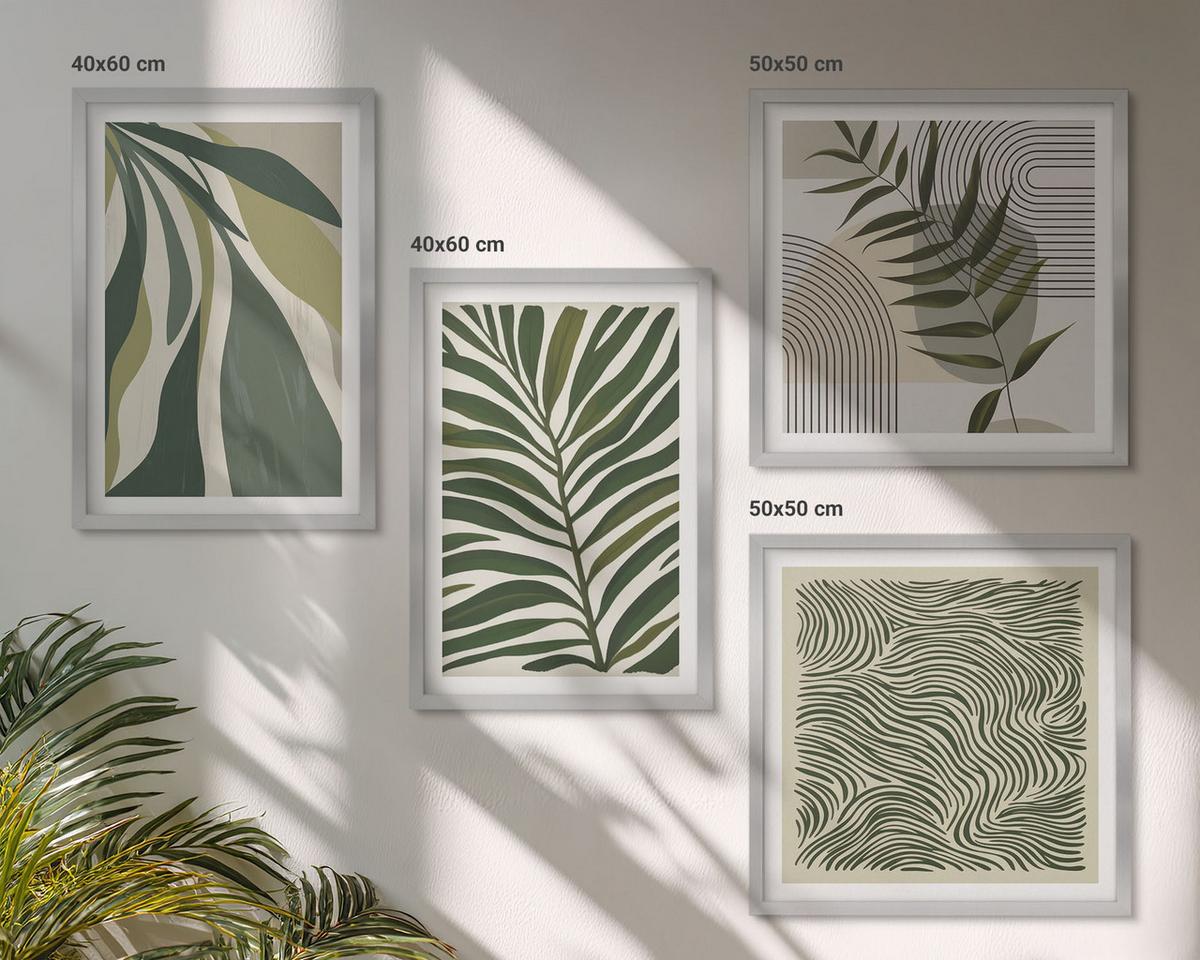 BILDER SET 4er Set - 50x50 cm & 40x60 cm Silberner Rahmen - Blätter, Wellen – Pastellillustrationen - Silberfarben, Kunststoff (50/50cm) - TULUP