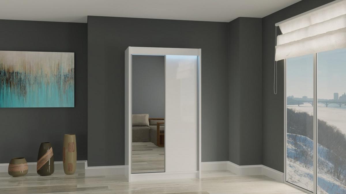 KLEIDERSCHRANK mit Spiegel-Schiebetüren und Aluminium-Leisten - PARTI - 120 cm Weiß - Weiß, Holzwerkstoff (120/216/61cm) - ALTDECOR