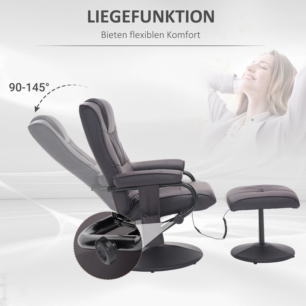 MASSAGESESSEL mit Hocker, Relaxsessel mit Liegefunktion, Massagefunktion, Braun - Schwarz/Braun, Leder/Kunststoff (84/95/77cm) - HOMCOM