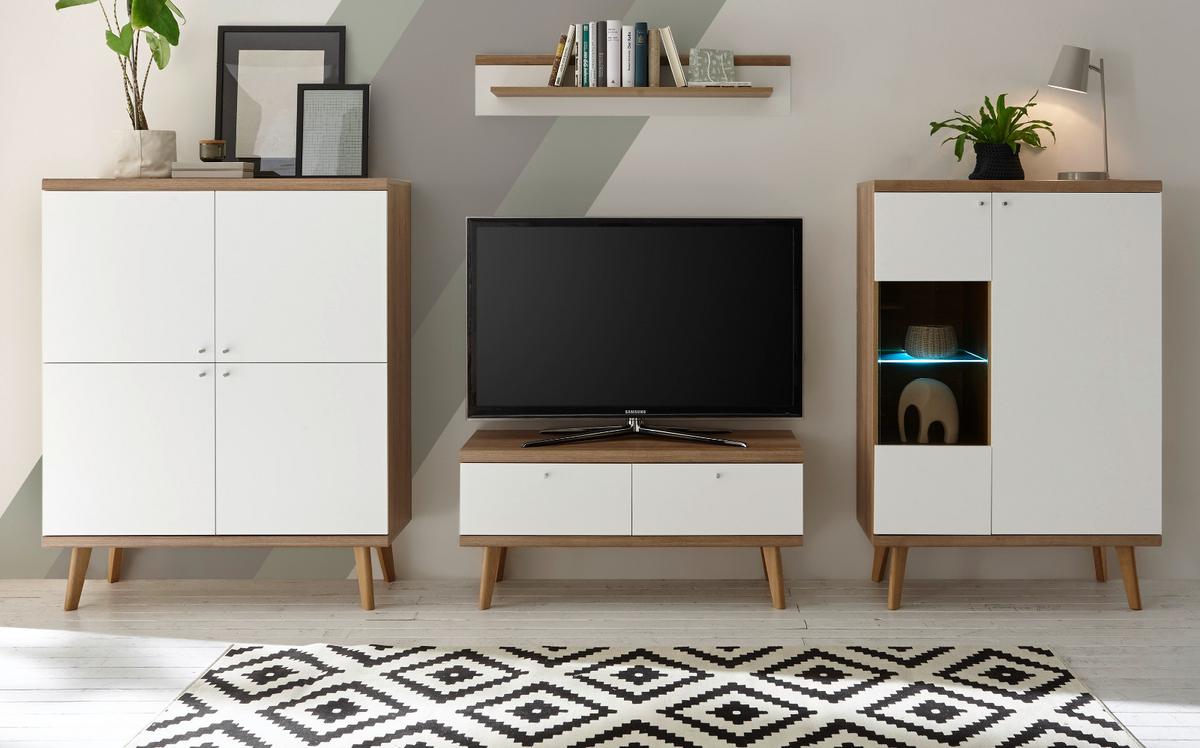 WOHNWAND weiß Eiche Riviera, Schrankwand skandinavisch 4-teilig 324 x 160 cm - Eichefarben/Weiß, Holzwerkstoff/Metall (324/160/40cm)