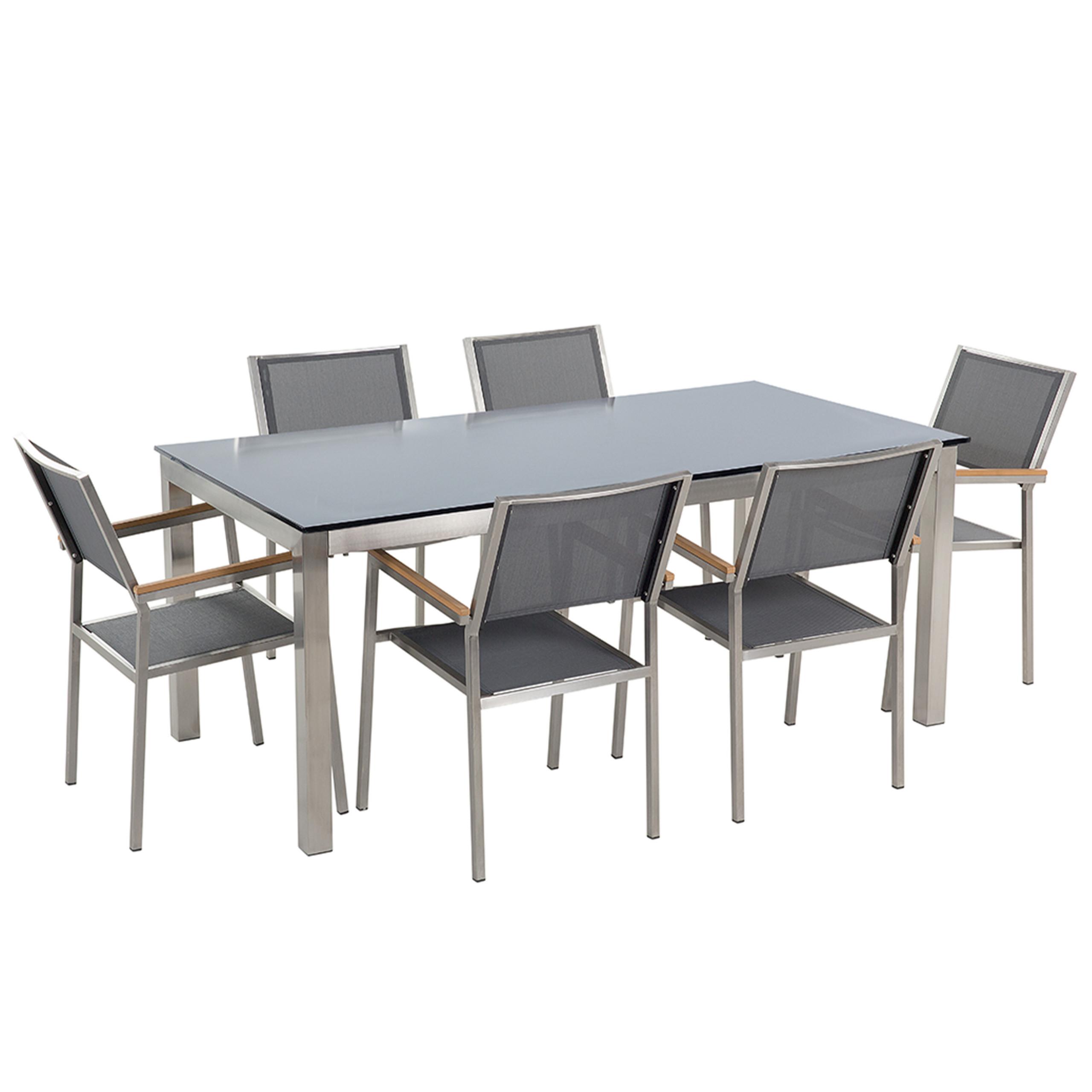 GARTENMÖBEL SET 6-Sitzer Glasplatte schwarz Textilbespannung grau Grosseto - Silberfarben/Schwarz, Glas - Beliani