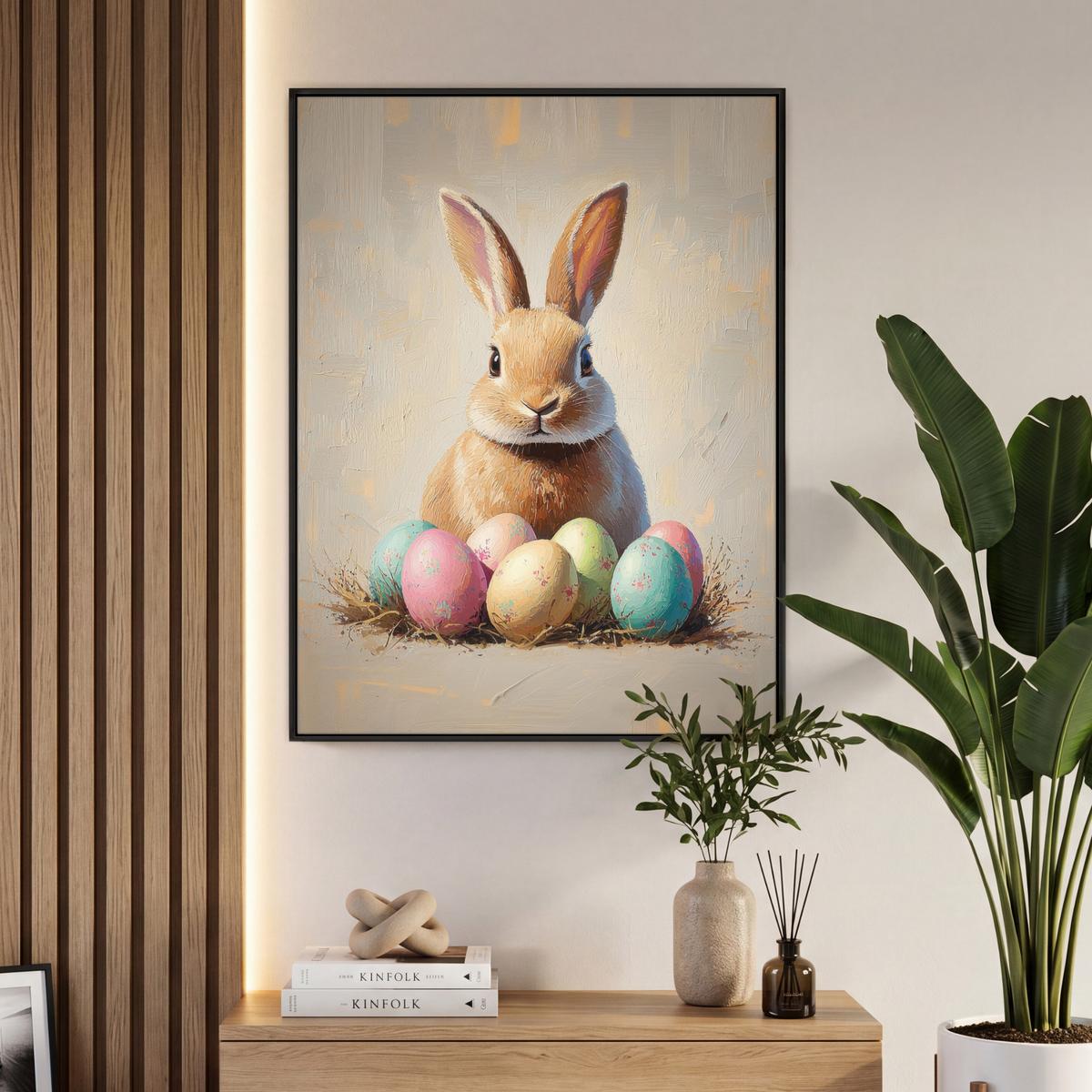 LEINWAND Bilder mit Rahmen - Osterhase - Pastell - Eier - 70x100 - Beige, Textil (70/100cm) - MuchoWow