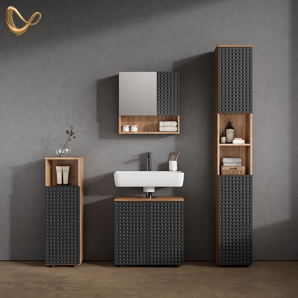 BADMÖBEL-SET Ronco Anthrazit gepunktet 4 Teile, mit Hochschrank - Anthrazit, Holzwerkstoff (80/58.6/41cm) - Livinity®