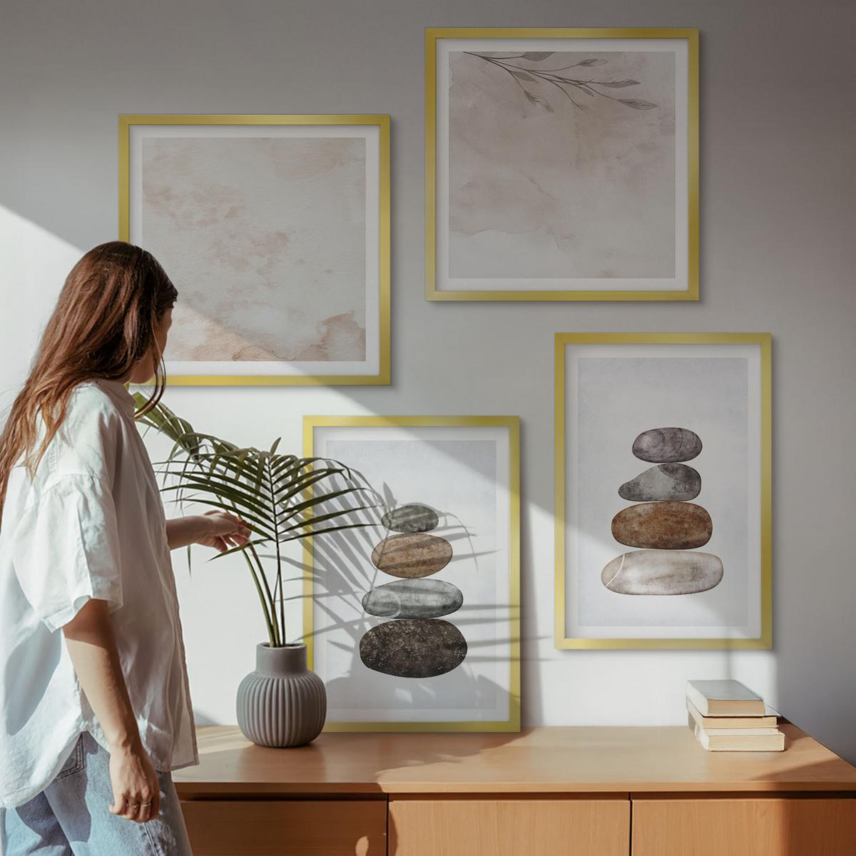 BILDER SET 4er Set - 50x50 cm & 40x60 cm Goldrahmen - Steinstapel-Boho-Malerei - Goldfarben, Kunststoff (50/50cm) - TULUP