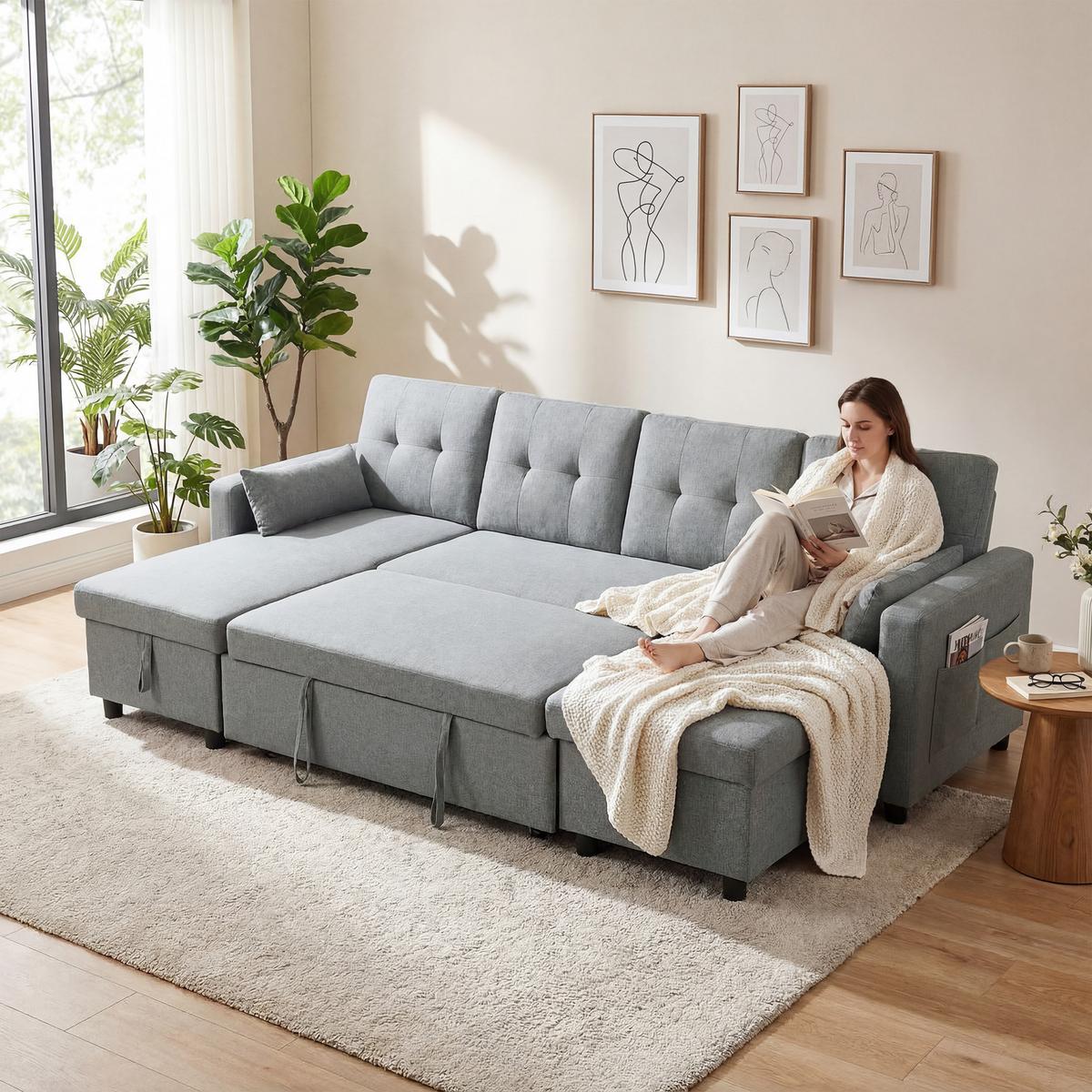 ECKSOFA Polyester Grau - Schwarz/Grau, Holz/Kunststoff (147/85/241cm) - HOMCOM