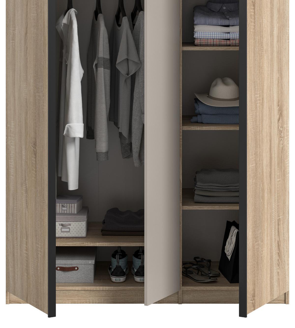 KLEIDERSCHRANK Eiche Sonoma, Kaschmir 3-türig 130 x 183 cm, Drehtürenschrank inklusive Einlegeböden - Kaschmir/Eichefarben, Holzwerkstoff/Kunststoff (130/183/53cm) - Inn.Furn